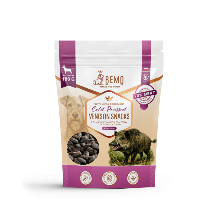 Bemo Cold Pressed Venison Snacks - halbfeuchte Leckerlis mit Wild, kaltgepresst für Hunde