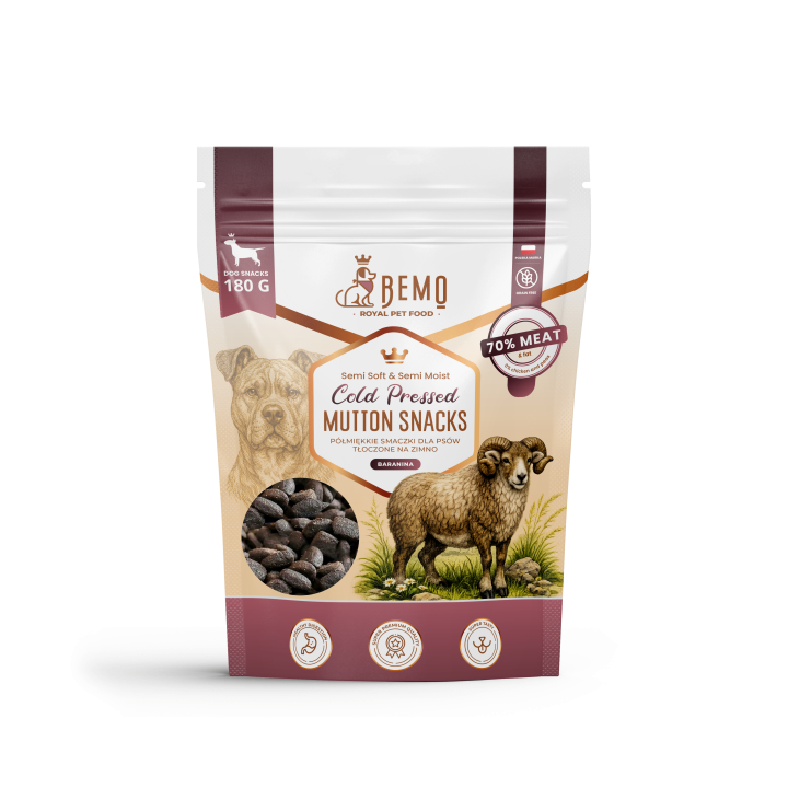 Bemo Cold Pressed Mutton Snacks - halbfeuchte Leckerlis mit Hammelfleisch, kaltgepresst für Hunde