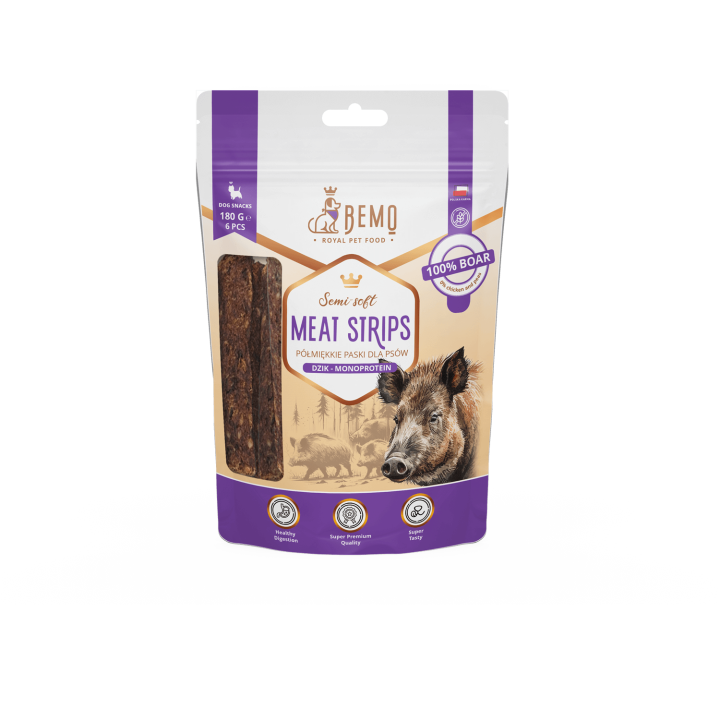 Meat Strips Boar - hypoallergene, halbfeuchte Snacks für Hunde mit Wildschwein