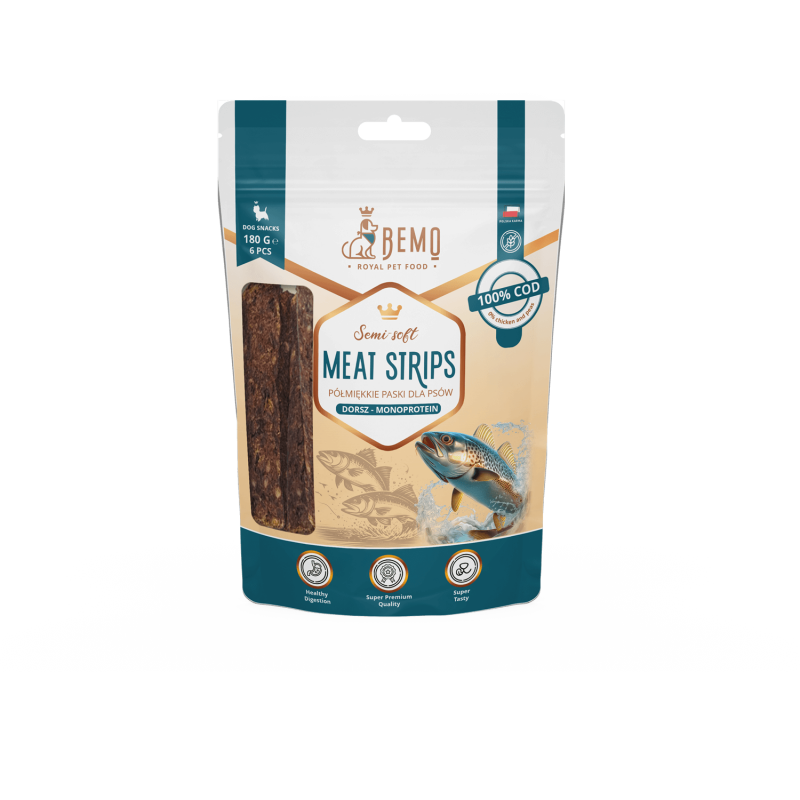 Meat Strips Cod - hypoallergene, halbfeuchte Snacks für Hunde mit Kabeljau