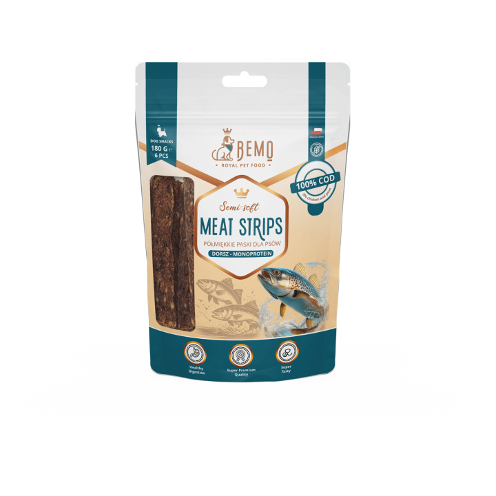 Meat Strips Cod - hypoallergene, halbfeuchte Snacks für Hunde mit Kabeljau